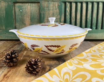 French Antique Soup Tureen “Réséda” by Digoin Sarreguemines | Vintage French Ironstone | Yellow and Brown Leaf Motif