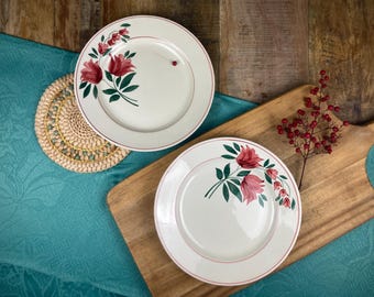 Antique French Plates “Odile” by HBCM Montereau | Set of 2 | Vintage French Ironstone | Hand-Painted Red and Green Floral Design