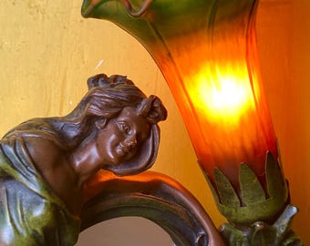 Art Nouveau Style Lamp. Woman and Angel With Mirror. Tulip Marbled