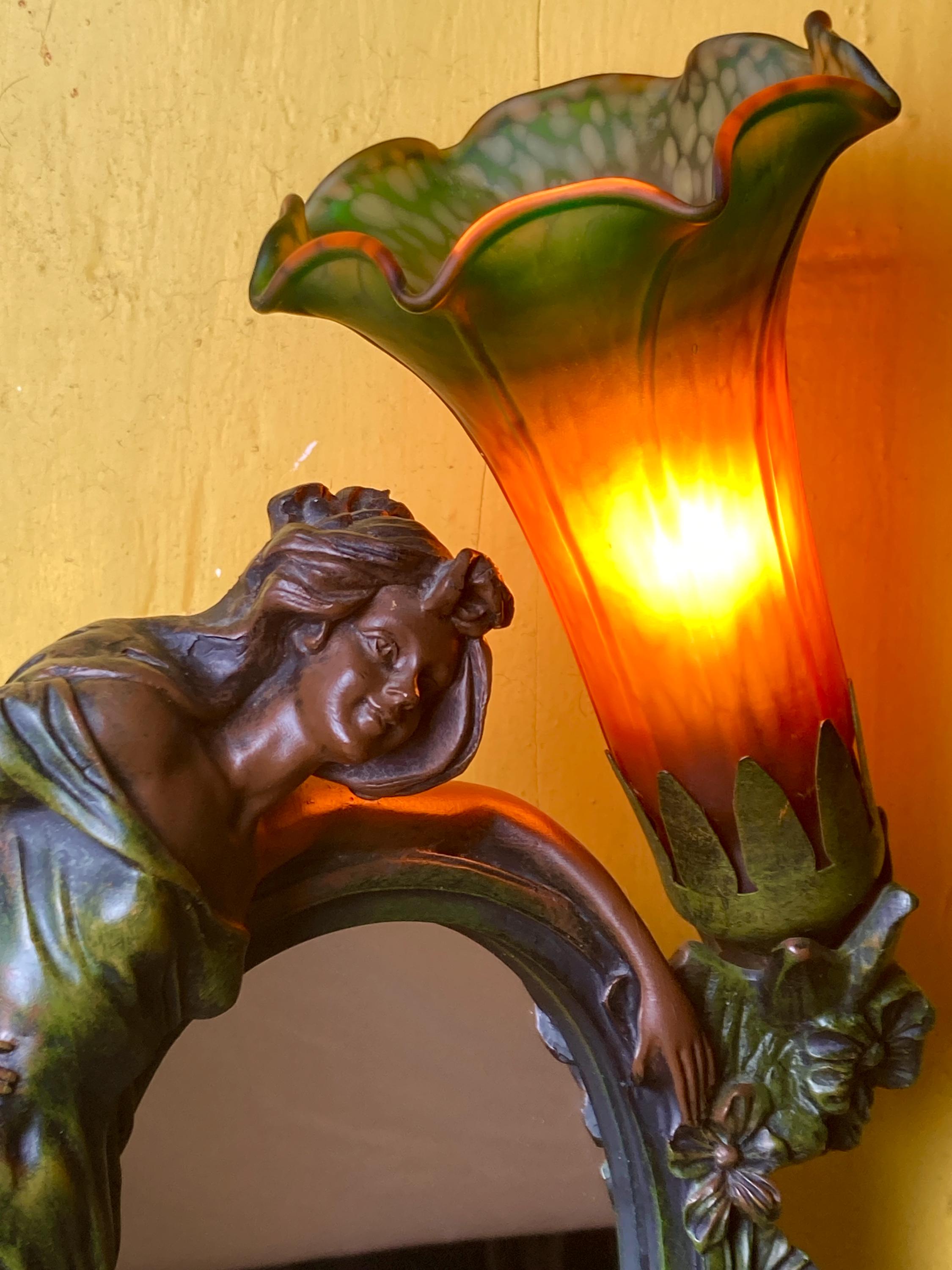 【真鍮製】Art Nouveau 女性像ランプ Art'd Fransサイン入 Art Nouveau Style Lamp. Woman and Angel With Mirror. Tulip Marbled