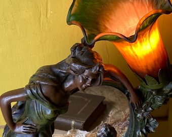 Art Nouveau Style Lamp. Woman and Angel With Mirror. Tulip Marbled