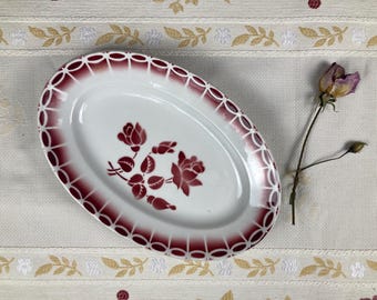 Antique french Oval Serving Dish with Red Roses – Badonviller French Ironstone – Early 20th Century