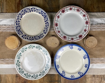 Antique French Plates, Set of 4, Ironstone Mix | Digoin and Sarreguemines, Lunéville, Badonviller and Saint-Amand | Vintage transferware