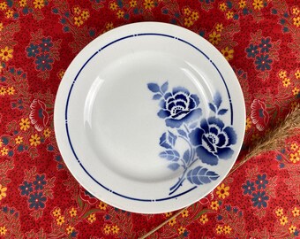 Antique french Flat Plate, Ironstone, Vintage Blue Floral Pattern, French transferware plate