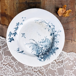 Antique French Ironstone cake stand, Compote, Gien "Paysage" Pattern with birds, Blue Transferware Pedestal Plate