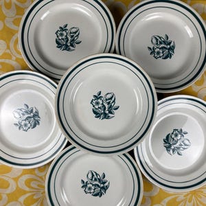 Set of 6 &quot;Guy&quot; Flat Plates | Antique Gien Earthenware | Ironstone | Green Floral Pattern
