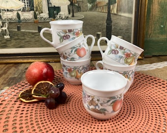 Vintage Coffee or Tea Cups. Set of 6. Arcopal French Opaline White Glass. Colorful Fruit Motifs