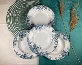 Antike Steingut-Suppenteller „Marie-Louise“ von Moulin des Loups und Hamages | Blumendekor | 4er-Set