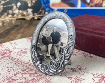 Vintage Oval Metal Photo Frame | Sculpted Roses | With Original Old Photo | Small Size