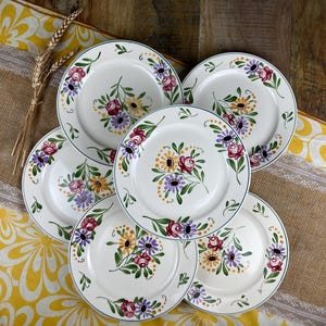 Set of 6 Small Antique Sarreguemines &quot;Paddy&quot; Plates in Vintage Ironstone | Hand-Painted Floral Pattern