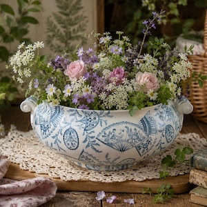 Könnte beinhalten: Eine weiße Keramikschale mit blauem Transferdruck-Muster aus Fächermotiven und Figuren, gefüllt mit einem Strauß aus rosa Rosen, weißen Spitzenblumen und violetten Zweigen. Die Schale hat zwei geschwungene Griffe an den Seiten und einen runden Boden.