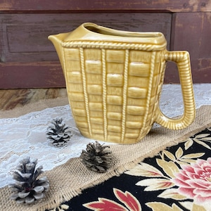 Antique Yellow Barbotine Pitcher Numbered C10 | Vintage Woven Basket Effect | 1950s French Ceramic