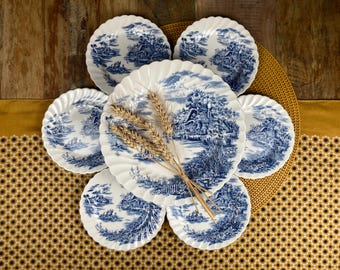 Antik "Happy England" Johnson Bros Ironstone dessertset | Fat och 6 små vintage engelska tallrikar med blå dekor