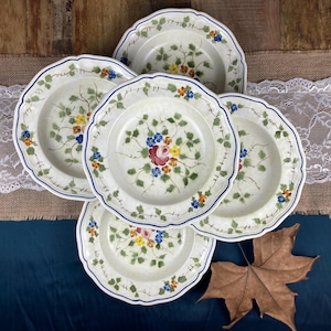 Set of 5 Antique Longchamp Ironstone Soup Plates | Polychrome Hand-Painted Plant Decor | Scalloped Edge