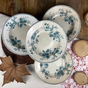 Set of 4 Antique Sarreguemines &quot;Elvire&quot; Ironstone Soup Plates | Vintage French Earthenware with Blue Floral Pattern