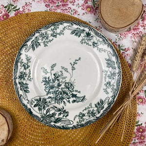 Antique "Azaleas" Dinner Plate from Longwy | Vintage Ironstone | Rare Green Floral Pattern