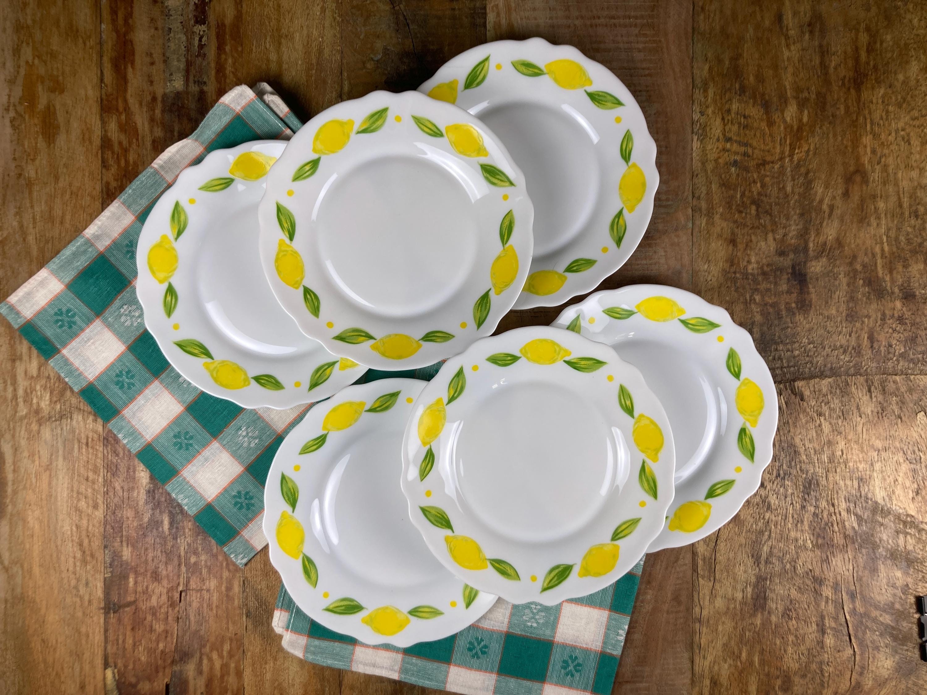 Arcopal Dessert Plates – Set of 6 – Lemon Motif – Opal Glass