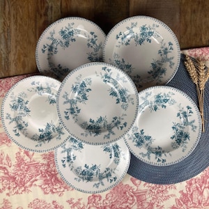Set of 6 Antique Sarreguemines "Elvire" Soup Plates in Vintage Ironstone | Blue Floral Pattern French Ceramic