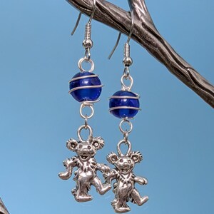 Silver GD Bear Earrings with Wire-Wrapped Glass, Groovy Deadhead Jewelry, Choose from 5 Colors