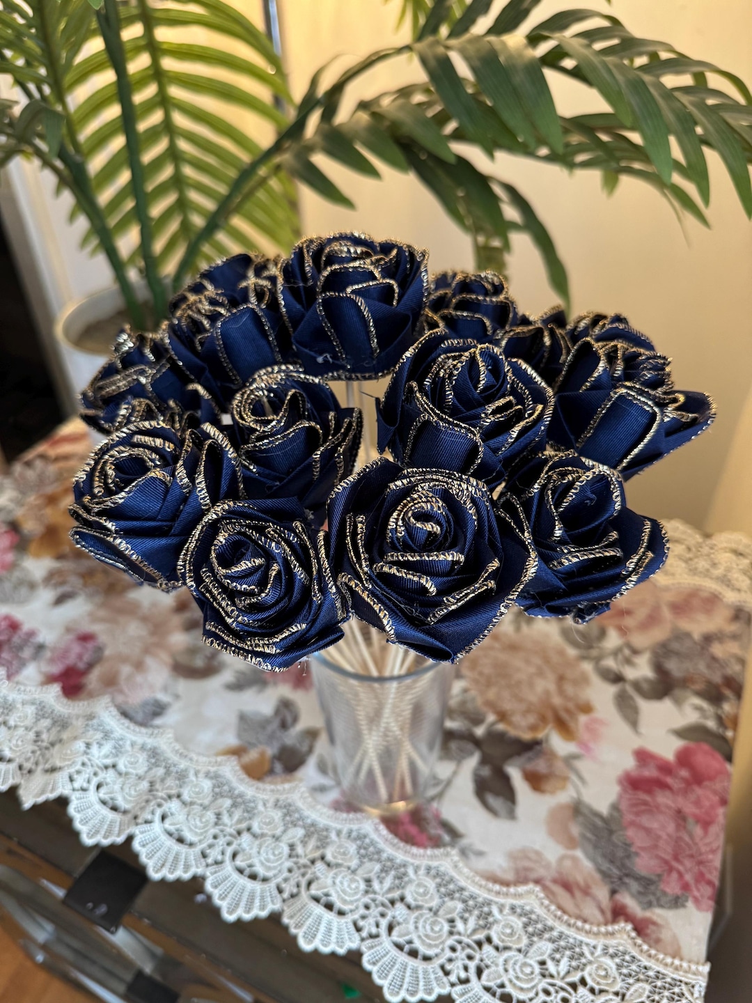 Blue Ribbion Roses Navy Blue Satin Ribbon Rose Bouquet | Gold Edge Fabric Flowers ...