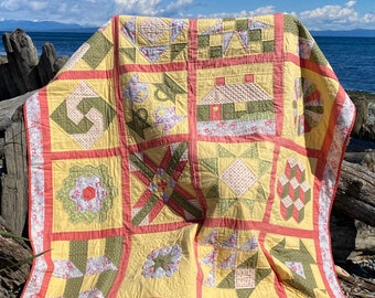 Edredón de regazo de patchwork cosido a mano vintage