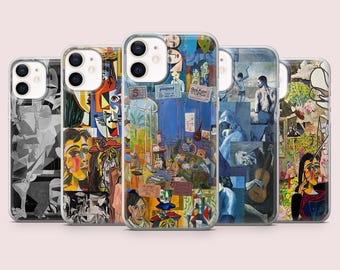 May include: A collection of five phone cases, each featuring a different artistic design. The cases showcase various styles, including abstract art, portraits, and collage-like compositions. The cases are designed to fit a phone.