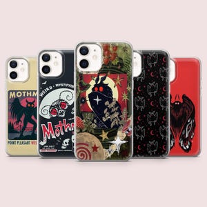 May include: A collection of five phone cases with unique designs. The cases feature illustrations of a moth, a skull, and other spooky imagery. The color palette includes black, red, and yellow. Some cases have text that reads "Mothman" and "Point Pleasant West Virginia."
