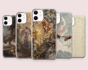 May include: Set of five phone cases featuring different Renaissance-inspired artwork. The cases are clear and show the artwork through the plastic. The artwork includes a painting of a hand reaching out from the clouds, a painting of a woman with wings, and a painting of a group of people in the clouds.