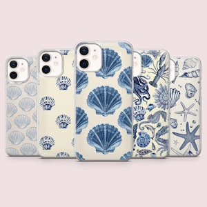 May include: Set of five phone cases with a white background and blue seashell designs. The cases feature different seashells, starfish, and other ocean-themed illustrations.
