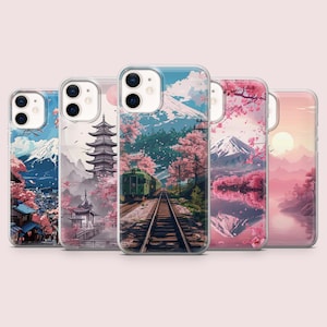 Coque Mountain Fiji, Japon sakura, pour iPhone 16, 15, 14, 13, 12, 11, Pixel 9Pro, 8A, Samsung S24FE, S23FE, S22, A16, A55, A25.