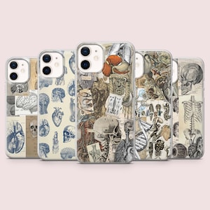 以下が含まれることがあります： ヴィンテージな解剖学イラストが描かれたiPhoneケース6個セット。ケースには、心臓、脳、骨格、その他の体の部位など、さまざまな画像が描かれています。ケースはすべて透明で、白い背景になっています。