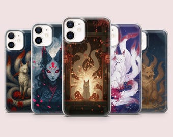 Funda Kitsune para teléfono, diseño de zorro japonés Yokay, compatible con iPhone 16, 15, 14, 13, 12, 11, Pixel 9 Pro, 8A, Samsung S24FE, S23FE, S22, A16, A55, A25.