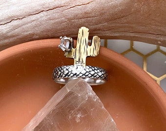 Kaktus Ring mit Herkimer Diamant - Mixed Metals Kaktus Ring - Boho Ring im Wüsten Stil - Herkimer Diamant Ring - Geschenk