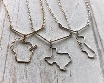 State Necklace Gift For Her - V shape bar + state necklace in silver or gold; ALL states available; personalized necklace - state jewelry
