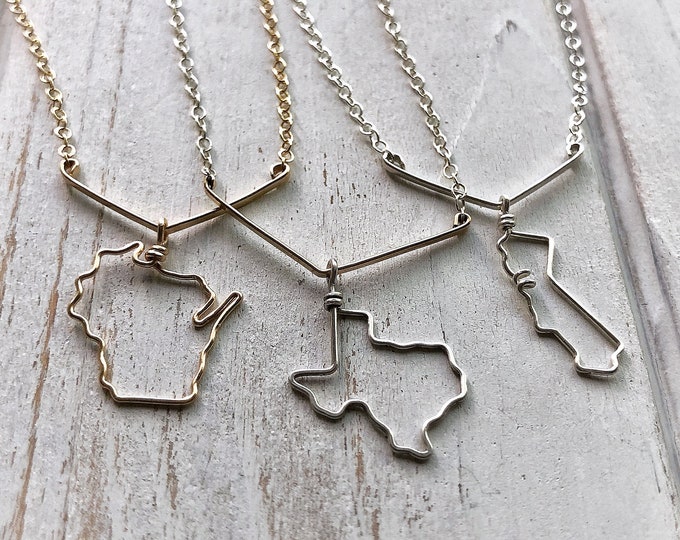 State Necklace Gift For Her - V shape bar + state necklace in silver or gold; ALL states available; personalized necklace - state jewelry