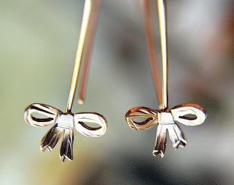 Bow Threader Earrings Ribbon Threader  Earrings in Silver or Gold Gift for Her Bow Earrings Ribbon Earrings Bow Hoop Earrings - Knot