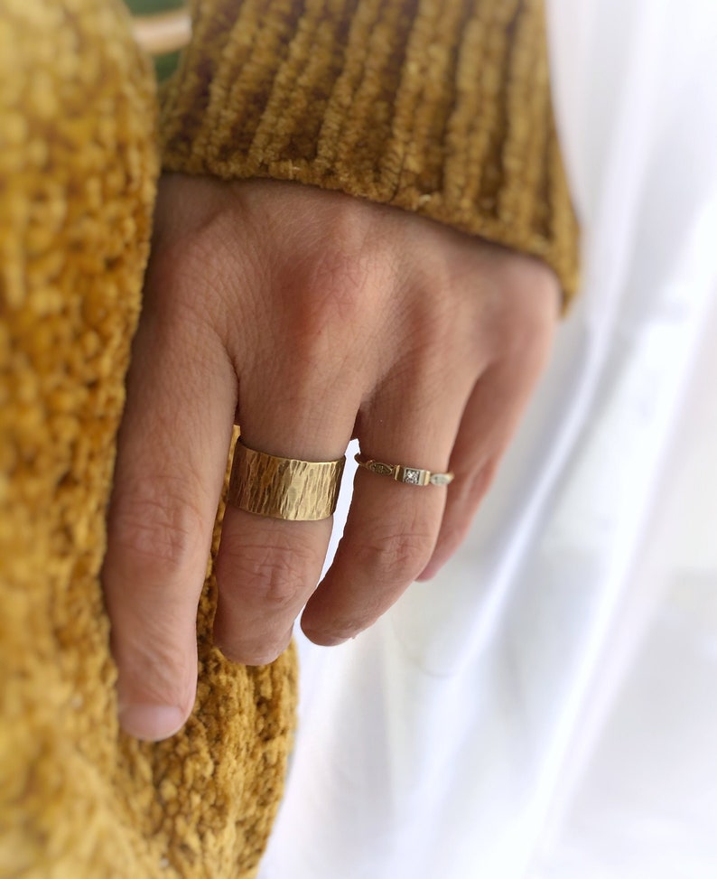 Gift For Her or Him Textured Wide Ring Band, Hammered Wide Textured Ring, Tree Bark Ring Band, Brass or Sterling Silver Unisex Ring Band Brass- NO patina