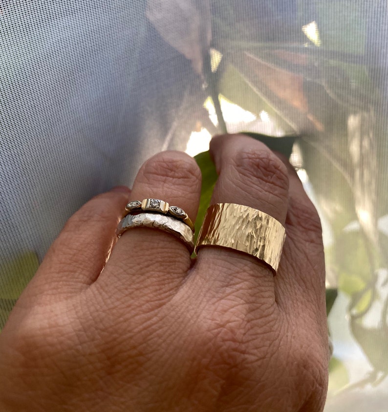 Gift For Her or Him Textured Wide Ring Band, Hammered Wide Textured Ring, Tree Bark Ring Band, Brass or Sterling Silver Unisex Ring Band image 4