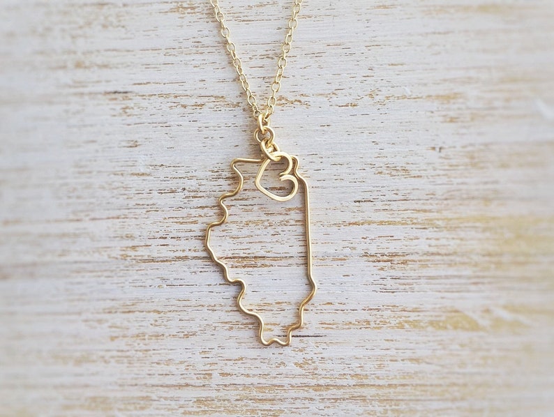 Illinois Necklace Custom State Love Necklace Illinois State Necklace Illinois Outline Personalized Gift Silver or Gold image 1