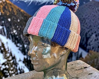 Easy Scrap Yarn Bobble Beanie Knitting Pattern PDF | Flat Knit Winter Hat for Children & Adults | Stash Busting Knit Hat - English Only!