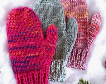 Quick Easy Knit Mittens Pattern, Knit Flat on 2 Needles - Extra Thick, Beginner Friendly, Adult Sizes - Instant PDF Download - English Only