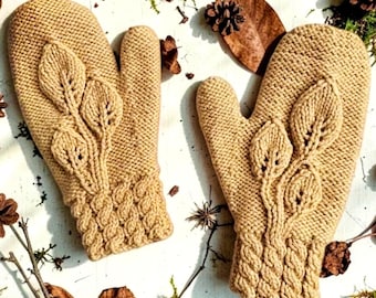 Leaf Mittens Knitting Pattern Knit Flat on Straight Needles | 3 Leaves Motif Mitts with Cable Cuff | PDF with Video Tutorials - English Only