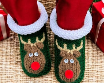 Christmas Reindeer Slippers Knitting Pattern: Family Sizes (PDF Download) - English Only