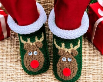 Hand Knit Reindeer Christmas Slippers, Deer Booties, House Shoes, Fun Family Gift Girls, Boys, Men, Women, Family Slippers, Moccasins
