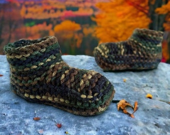CUSTOM MADE Hand Knit Camo House Slippers - Slippers for Children - Kids Moccasin Booties - Slippers with a Cuff - Handcrafted House Shoes