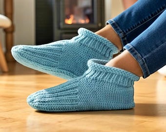 Knitting Pattern - Adult Cuffed Booties House Shoes - Easy Knit Slippers Using Basic Knitting Stitches With How-to Video - English Only