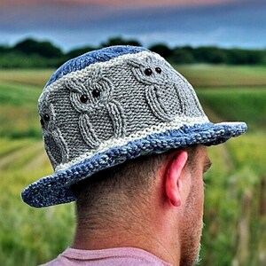 May include: A grey knitted hat with a blue brim and owl designs. The hat is being worn by a person standing in a field with a sunset in the background.