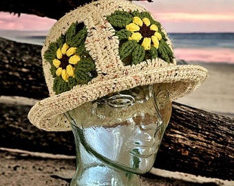 Crochet Pattern - Easy Granny Square Bucket Hat - Flower and Leaf Hippie Hat - Boho Crocheted Hat - How to Crochet - PDF - English Only