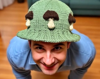Knitting Pattern - Mushroom Bucket Hat PDF – Knit Flat Hat for Adults – Cottagecore, Toadstool, Summer Festival, DIY Knitwear, English Only