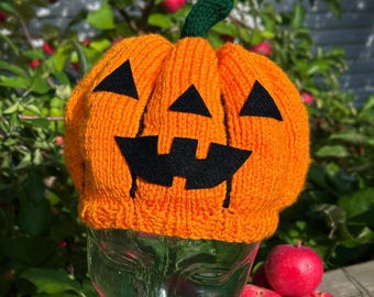 Halloween Pumpkin Hat Knitting Pattern, Jack O'Lantern Hat Pattern, Pumpkin Head Hat, Kids & Adult Sizes, Instant PDF Download, English Only